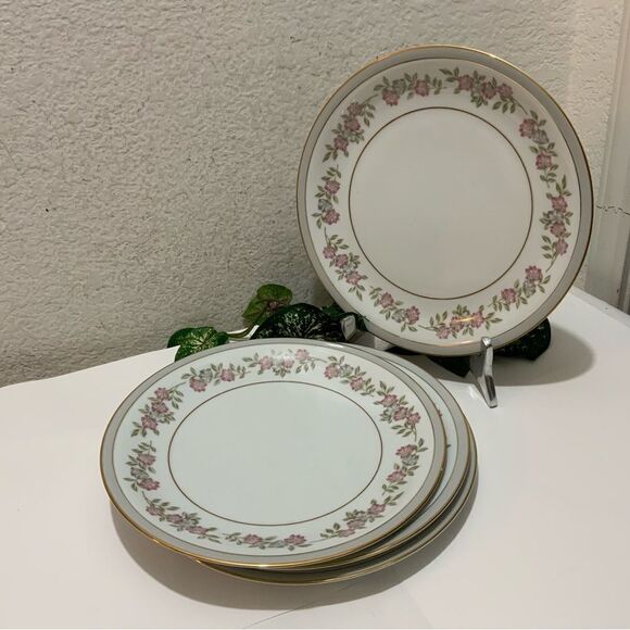 Noritake 5433 Gray & Gold Rimmed 10 3/8” Flowers Japan Set Of 4 Dinner Plate G5 - Picture 1 of 5